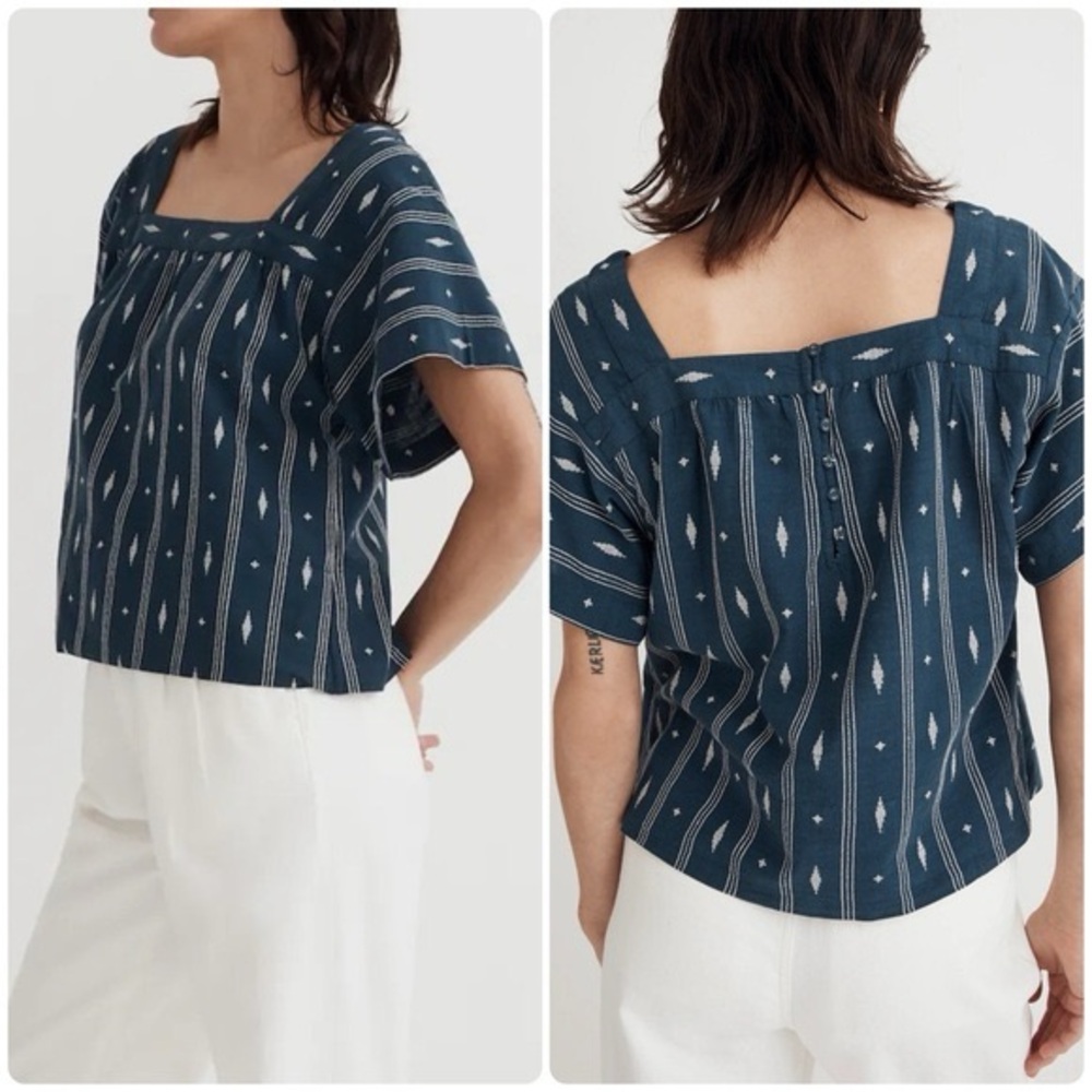Madewell Square-Neck Short Sleeve Top in Jacquard Mineral Blue size Large